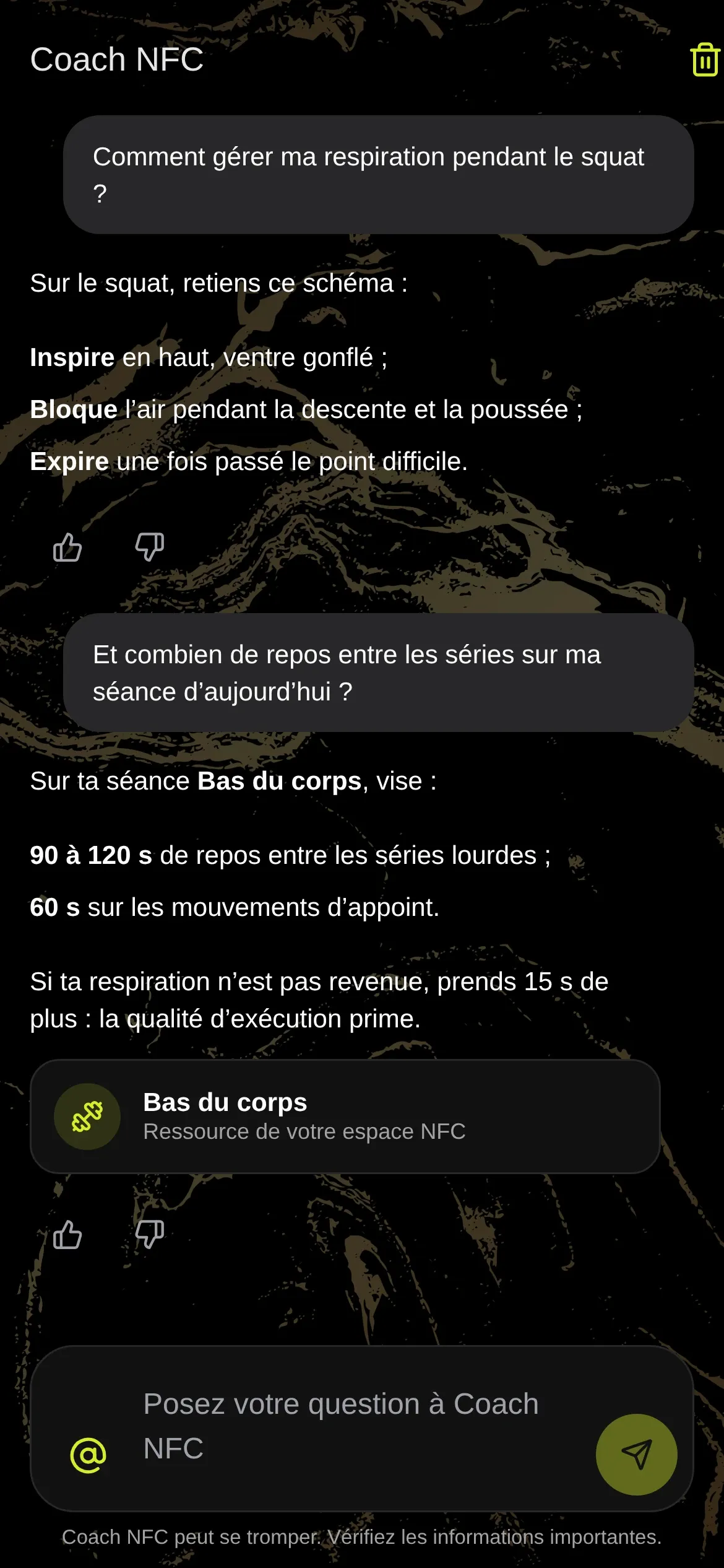 Application mobile : conversation avec le coach NFC sur la respiration au squat et les temps de repos