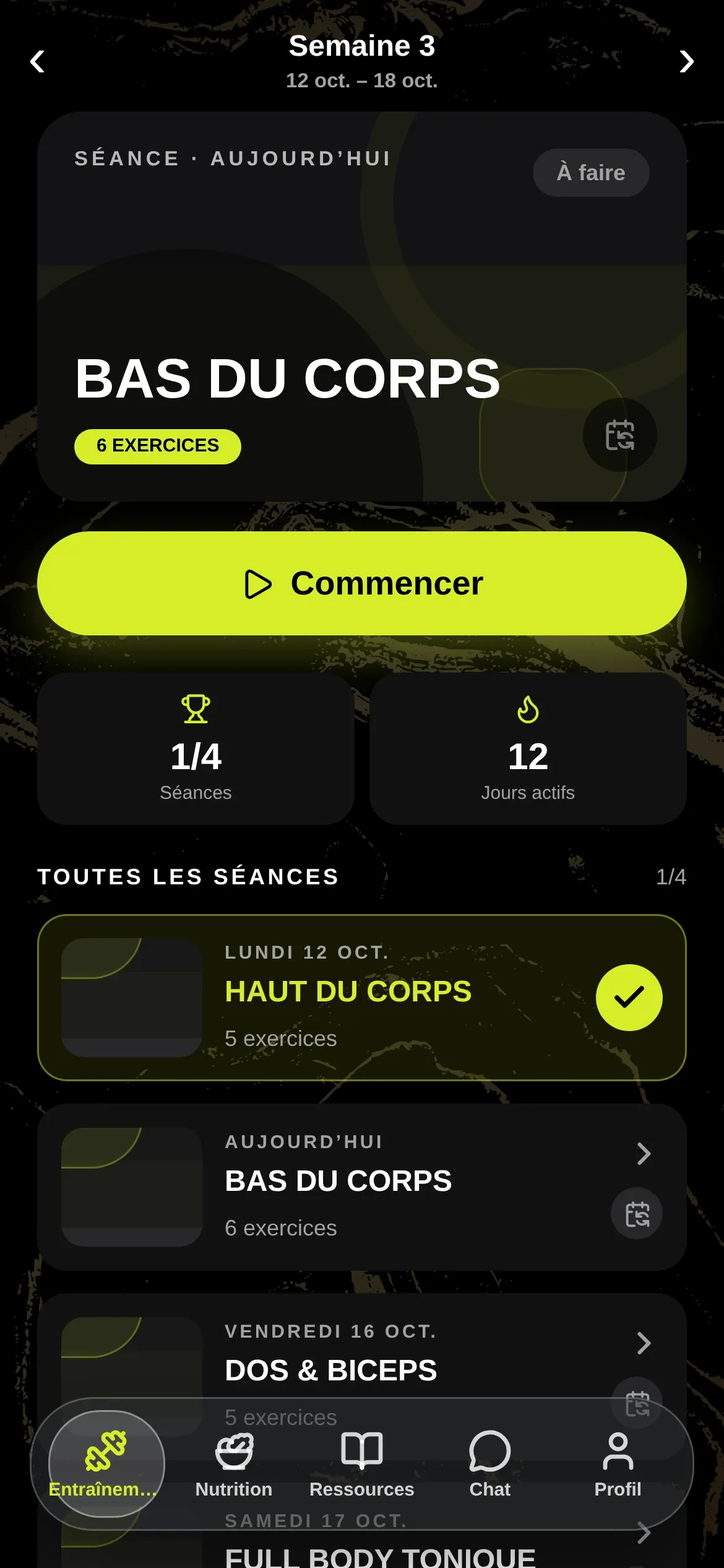 Application mobile, onglet Entraînement : le planning des séances de la semaine 3